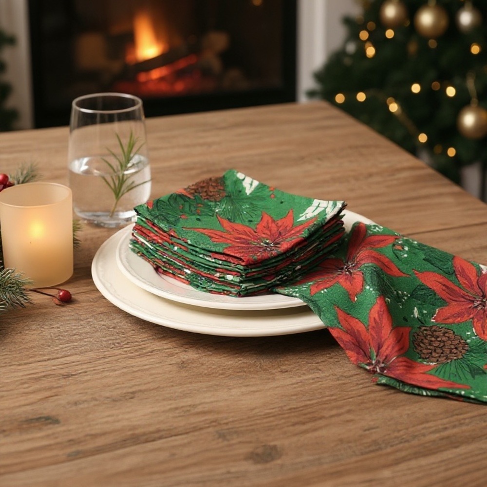 Set of 6 Vintage 70’s Printed Christmas Poinsettia & Pine Cone Cloth Napkins